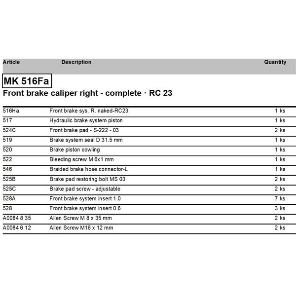 Prasátko brzdové přední P. - kompletní RC23